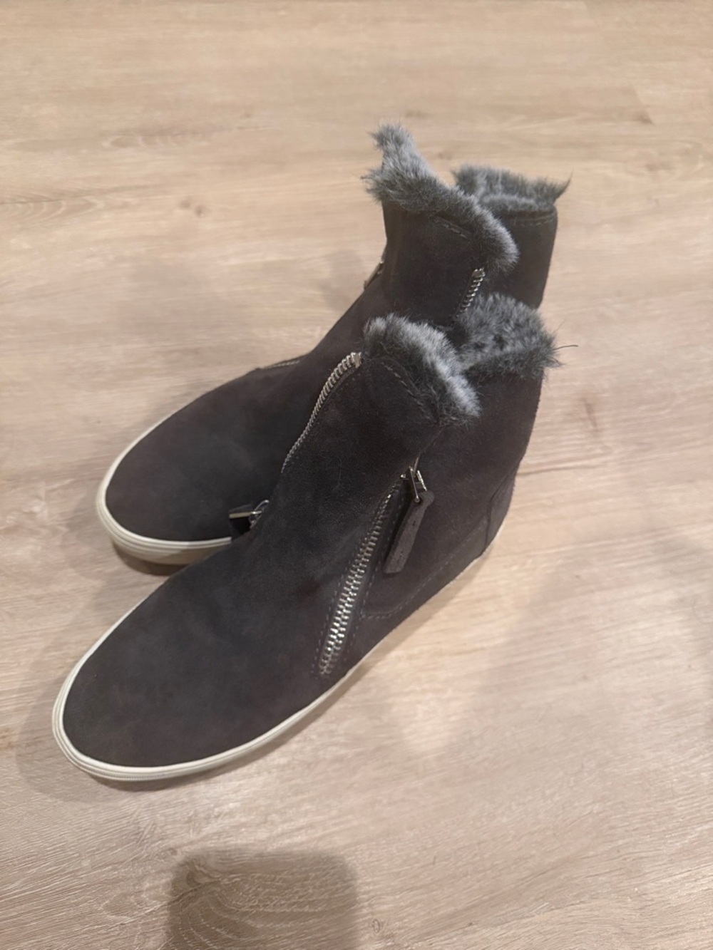 Dolce Vita Black / Gray Faux Fur Trim Wedge Ankle Boots